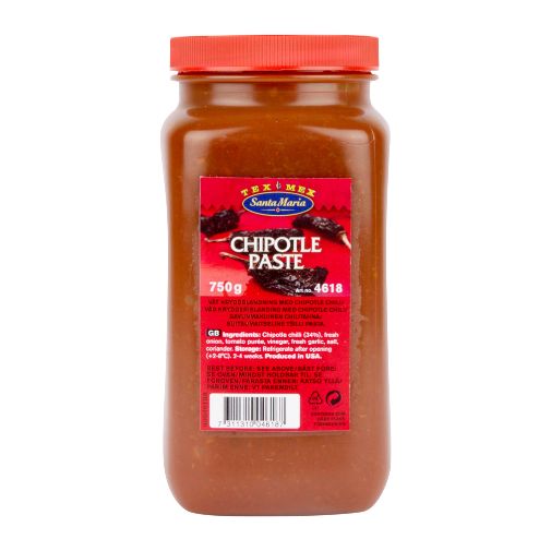 A 750 gram plastic jar of Santa Maria brand Chipotle Paste with a red screw top lid.