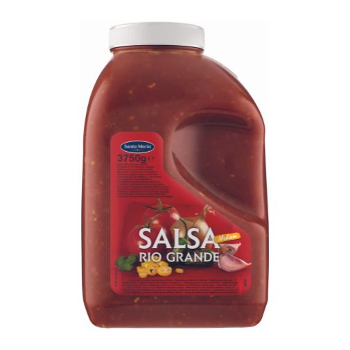 A 3.85 kilogram bottle of Santa Maria brand Rio Grande Medium Salsa