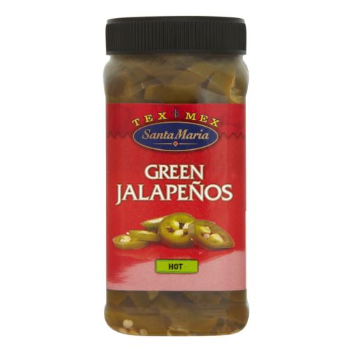 A 500 gram jar of Santa Maria brand Sliced Green Jalapeno Peppers