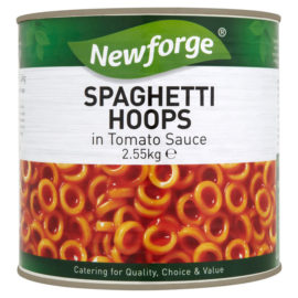 A 2.6 kilogram can of Newforge brand Spaghetti Hoops