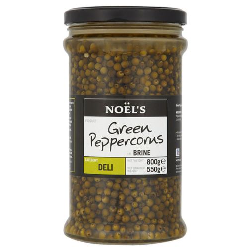 An 800 gram jar of Noels brand Green Peppercorns in Brine