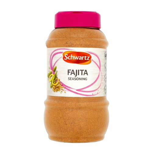 A 530 gram tub of Schwartz brand Mexican Fajita Seasoning