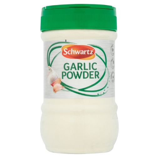 A 520 gram tub of Schwartz brand Garlic Powder