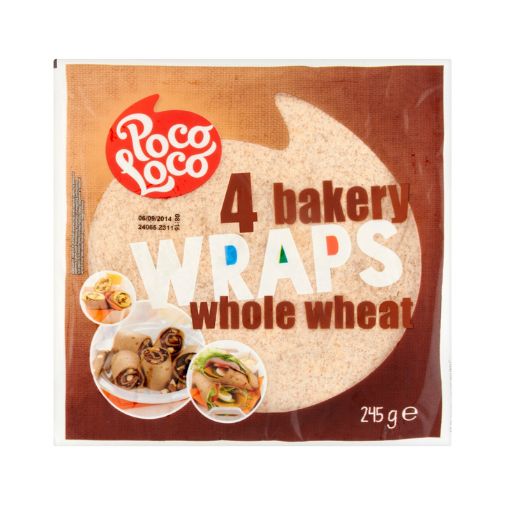 A pack of 4 25 centimeter Poco Loco brand Wholemeal Tortilla Wraps