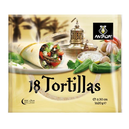 A pack of 18 30 centimeter Antalya brand Flour Tortilla Wraps