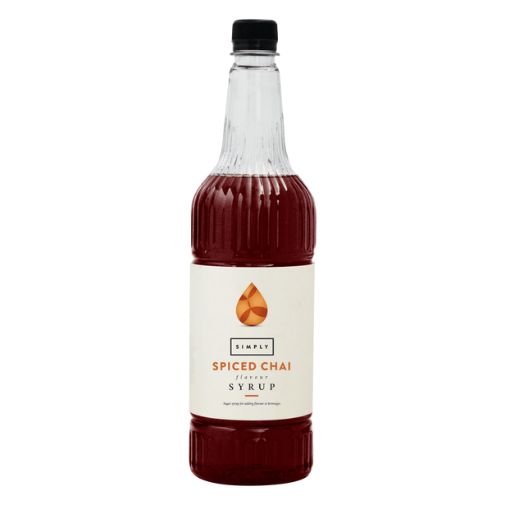 A 1 liter bottle of Simply brand Spiced Chai Syrup.