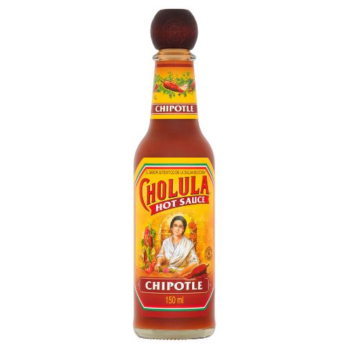A 150 mililiter glass bottle of Cholula brand Chipotle Hot Sauce, with a black wooden cap