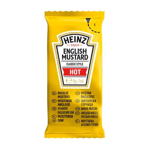 A 7 milliliter yellow sachet of Heinz brand Hot English Mustard
