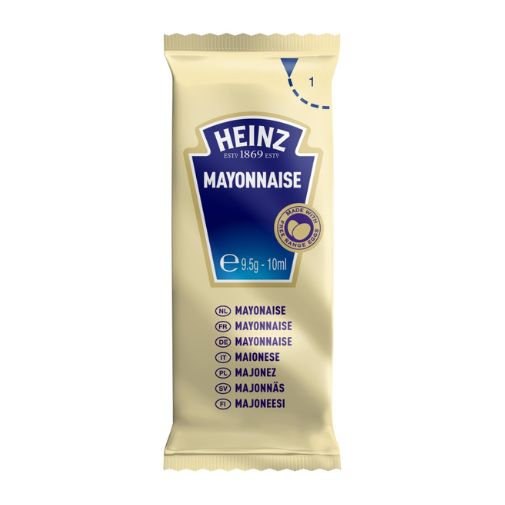 A 20 milliliter white sachet of Heinz brand Mayonnaise