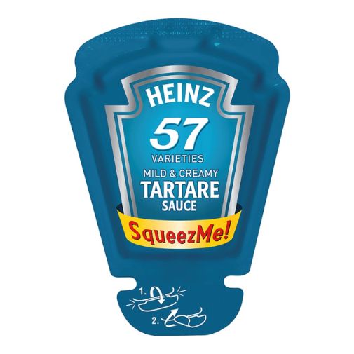 A 26 milliliter blue squeezy pouch of Heinz brand Tartare Sauce