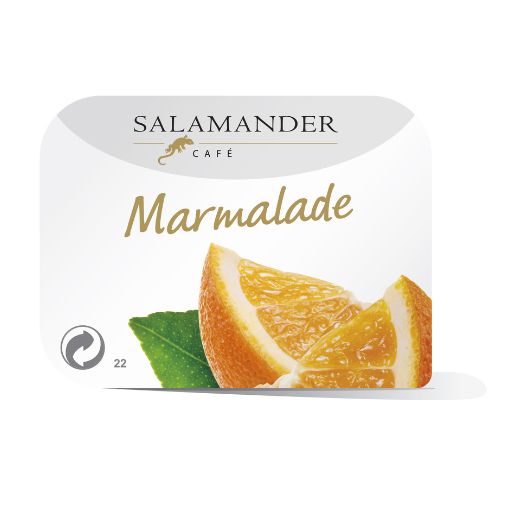 A 20 gram pot of Salamander brand orange flavoured Breakfast Marmalade