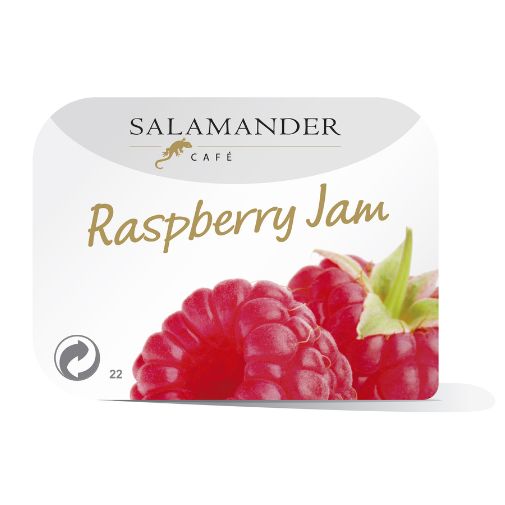 A 20 gram pot of Salamander brand Raspberry flavoured Jam