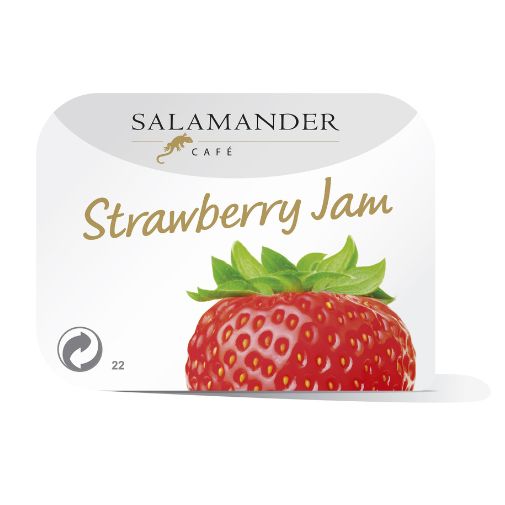 A 20 gram pot of Salamander brand Strawberry flavoured Jam