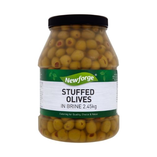 A 2.45 kilogram can of Newforge brand Stuffed Olives in Brine