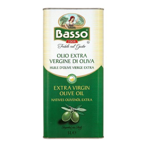 A 5 liter tin of Basso brand Extra Virgin Olive Oil