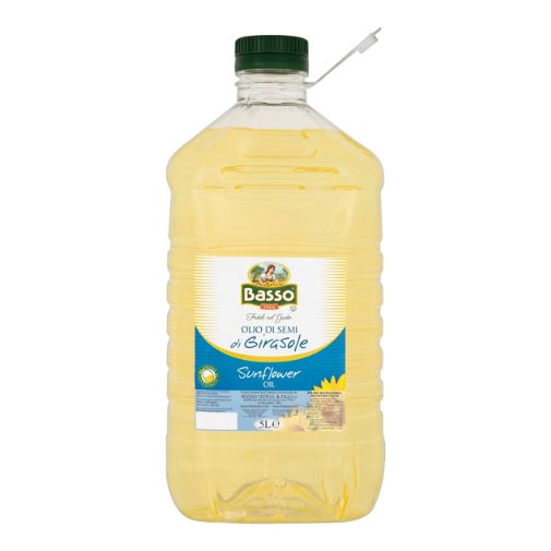 A 5 liter bottle of Basso brand Sunflower Oil