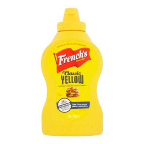 A yellow 397 gram squeezy bottle of French's brand Classic Yellow Mustard