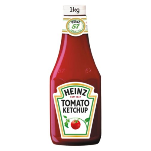 A 1 kilogram squeezy plastic bottle of Heinz brand Tomato Ketchup with a white screw top lid that can be flipped open for easy use.