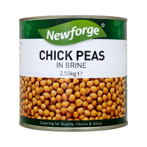 A 2.55 kilogram can of Newforge brand Chickpeas