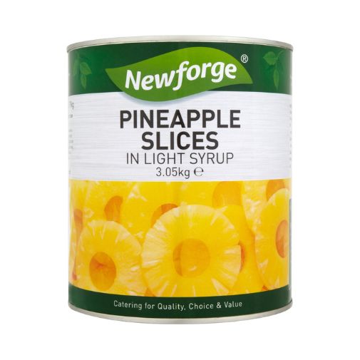 A 3.05 kilogram can of Newforge brand Pineapple Slices in Light Syrup