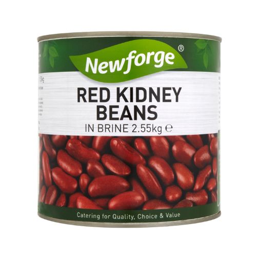 A 2.55 kilogram can of Newforge brand Red Kidney Beans in Brine