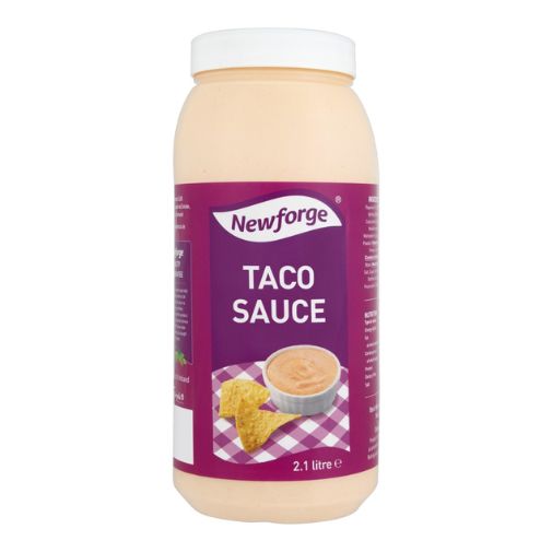 A 2.1 liter jar of Newforge brand Taco Sauce