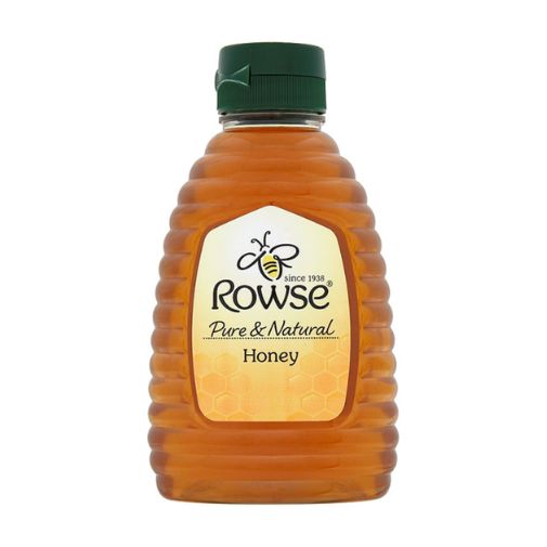 A 340 gram clear squeezy bottle of Rowse brand Blossom Honey