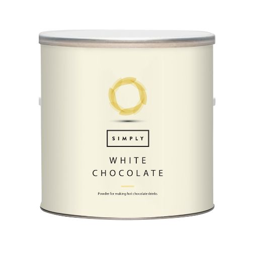 A 2 kilogram tub of Simply brand White Hot Chocolate Powder