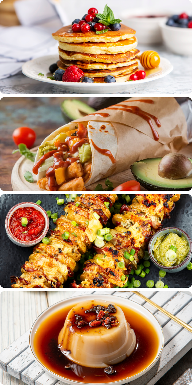 Pancakes, a loaded wrap, hasselback potatoes and a nostalgic pudding