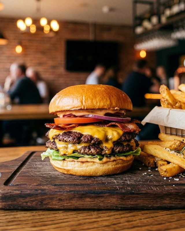 Loaded cheeseburger and fries