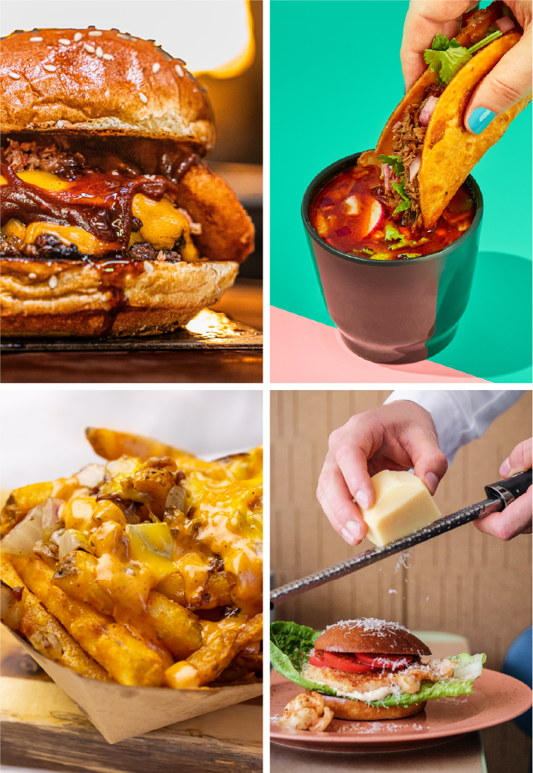 Smashed burger, birria taco, loaded fries and a crispy chicken burger
